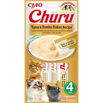 Ласощі INABA "Churu" для котів, вершковий мус в стіках, тунець з пластівцями боніто 4*14 гр EU117 фото